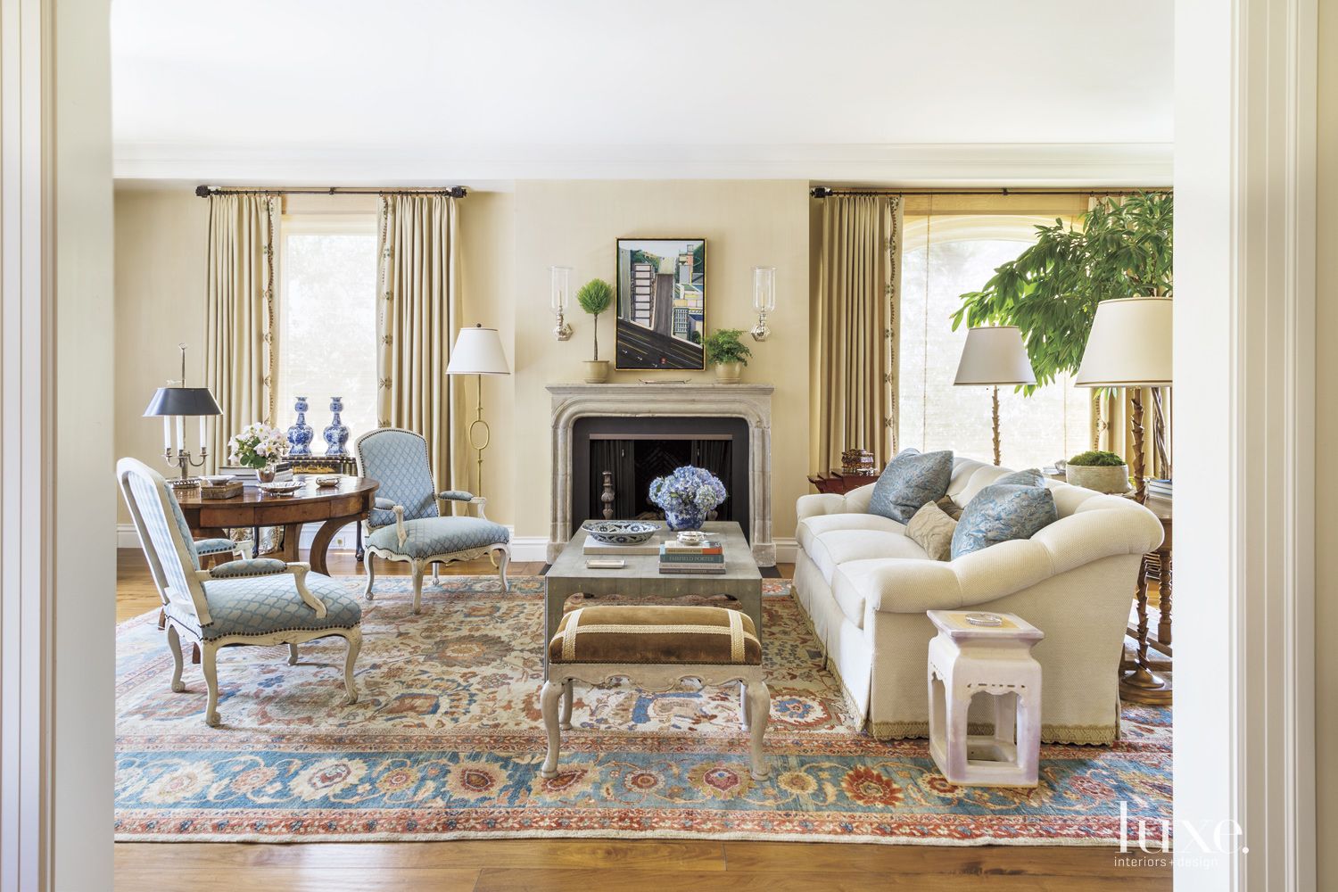 Traditional Neutral Living Room with Antique Rug - Luxe Interiors + Design