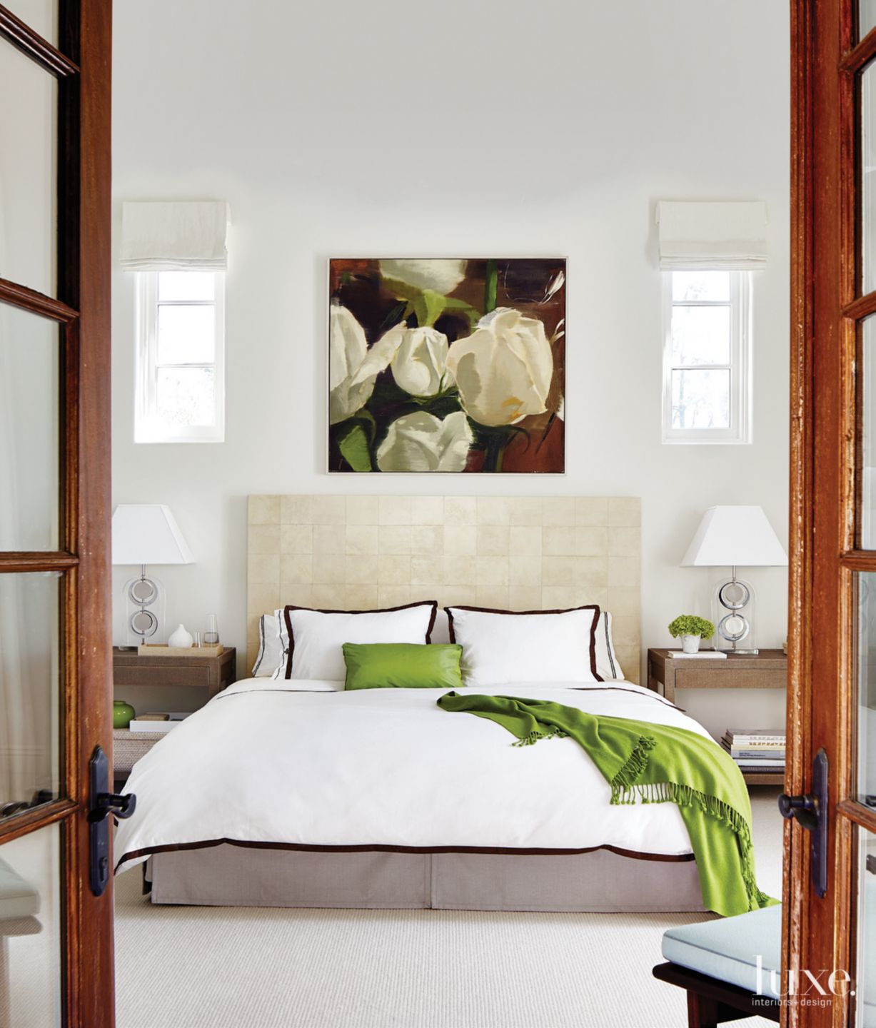 White Contemporary Master Bedroom with Green Accents - Luxe Interiors ...