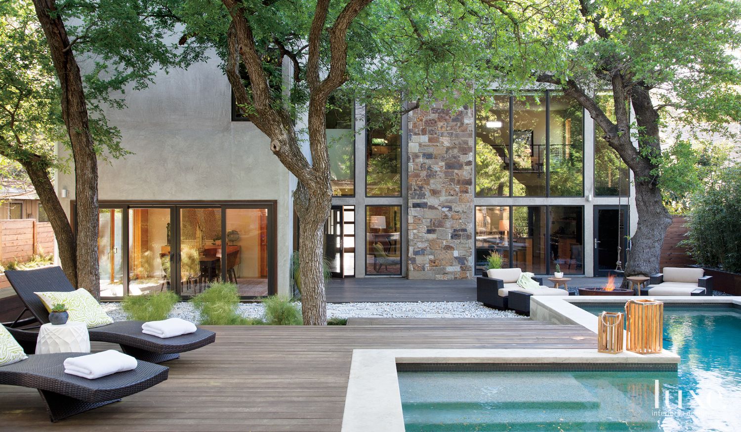 Modern Rear Exterior Pool Deck - Luxe Interiors + Design