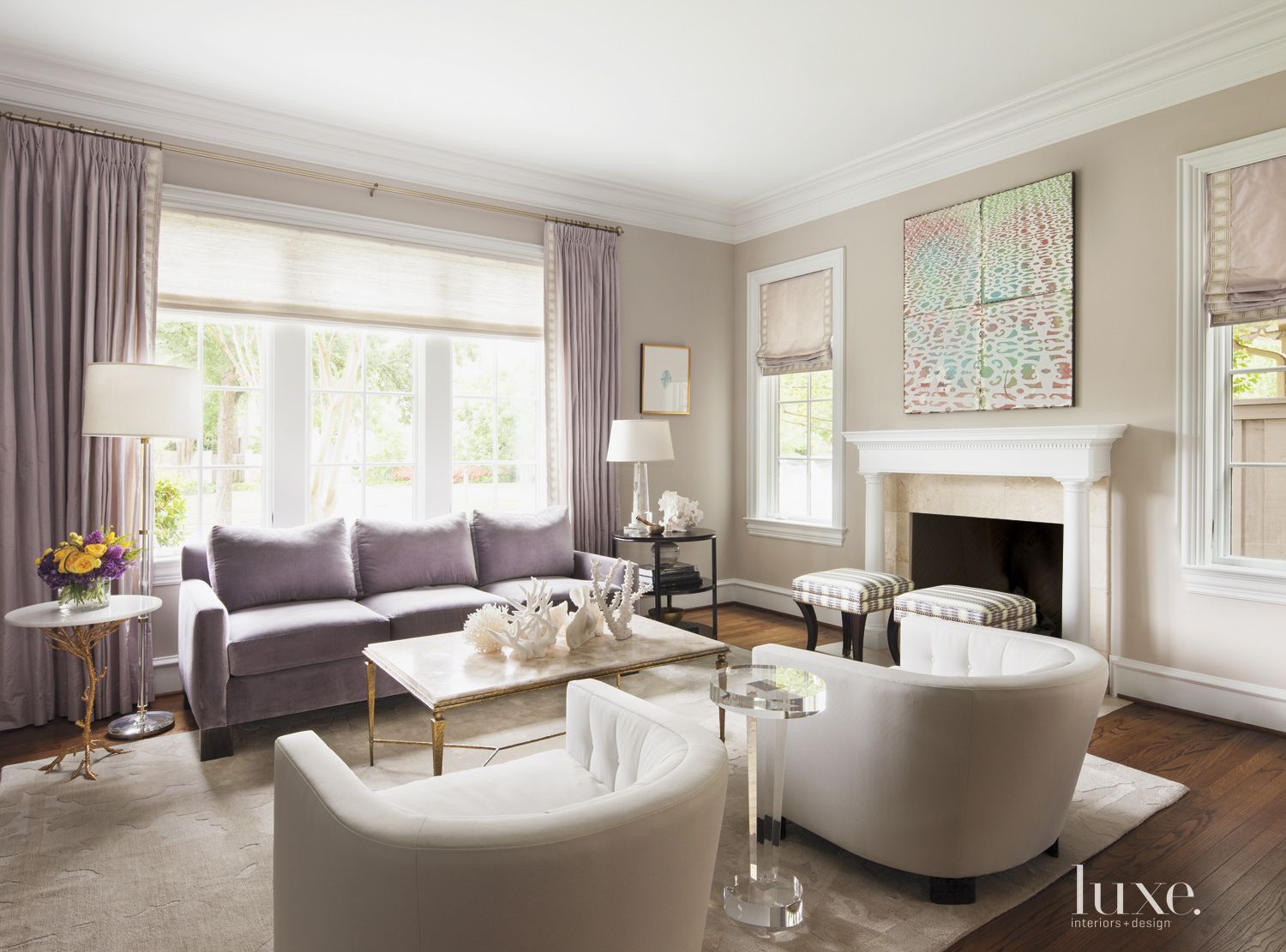 Transitional Lavender-Accented Living Room - Luxe Interiors + Design