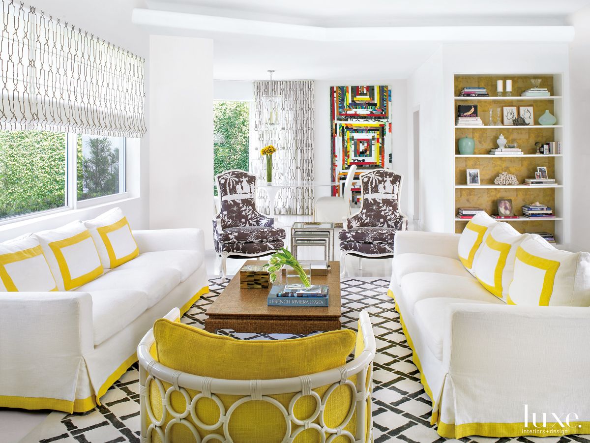 Modern White Living Room with Yellow Accents - Luxe Interiors + Design